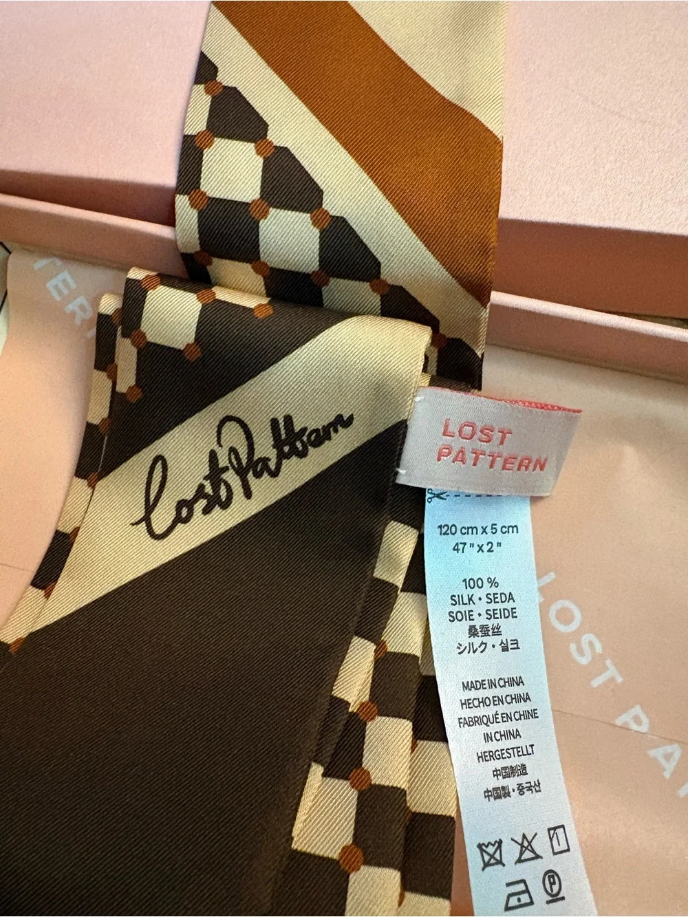 Lost Pattern Checkerboard 100% silk skinny scarf